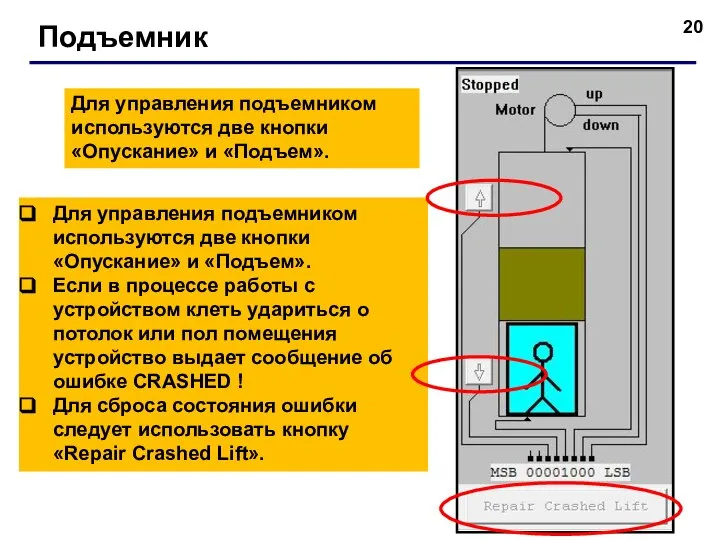 Подъемник Для управления подъемником используются две кнопки «Опускание» и «Подъем». Для