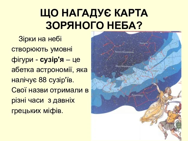 ЩО НАГАДУЄ КАРТА ЗОРЯНОГО НЕБА? Зірки на небі створюють умовні фігури