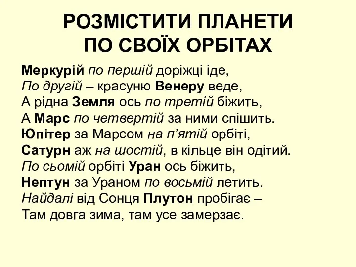 РОЗМІСТИТИ ПЛАНЕТИ ПО СВОЇХ ОРБІТАХ Меркурій по першій доріжці іде, По