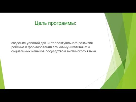 Цель программы: создание условий для интеллектуального развития ребенка и формирования его