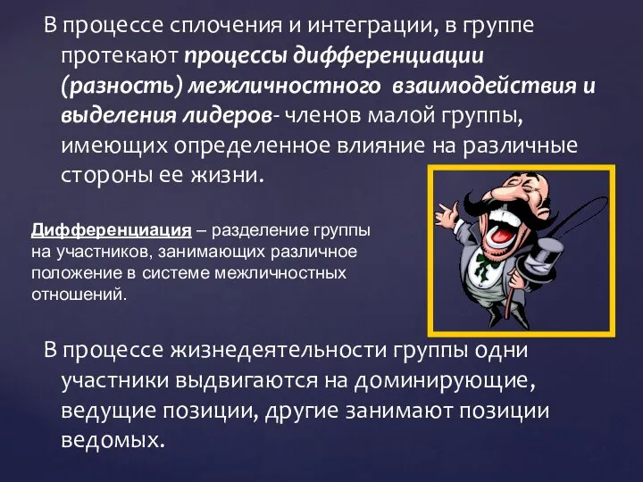 В процессе сплочения и интеграции, в группе протекают процессы дифференциации (разность)