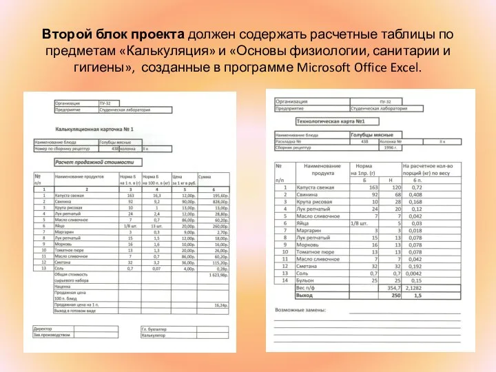 Второй блок проекта должен содержать расчетные таблицы по предметам «Калькуляция» и