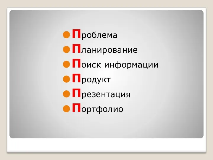 Проблема Планирование Поиск информации Продукт Презентация Портфолио