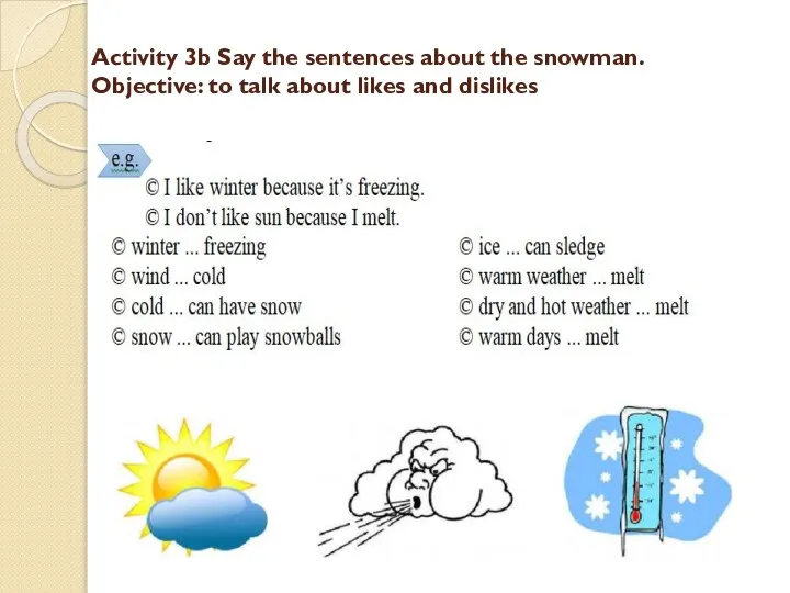 Activity 3b Say the sentences about the snowman. Objective: to talk about likes and dislikes