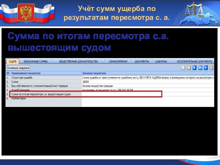 Учёт сумм ущерба по результатам пересмотра с. а. Сумма по итогам