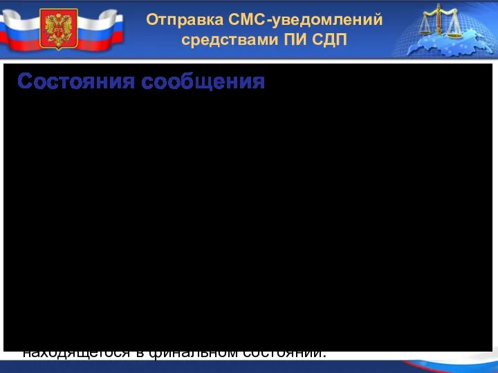 Отправка СМС-уведомлений средствами ПИ СДП Состояния сообщения 0 доставлено; 1 не