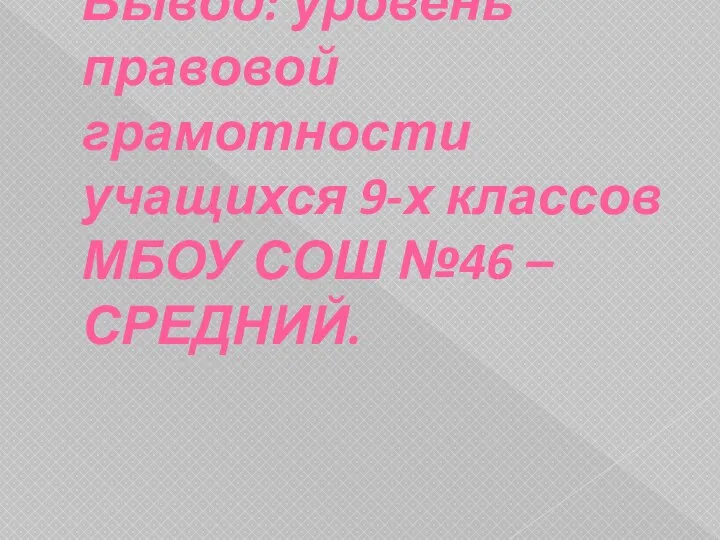 Вывод: уровень правовой грамотности учащихся 9-х классов МБОУ СОШ №46 – СРЕДНИЙ.