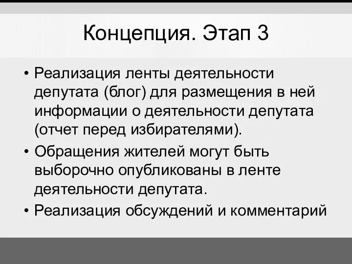 Концепция. Этап 3 Реализация ленты деятельности депутата (блог) для размещения в