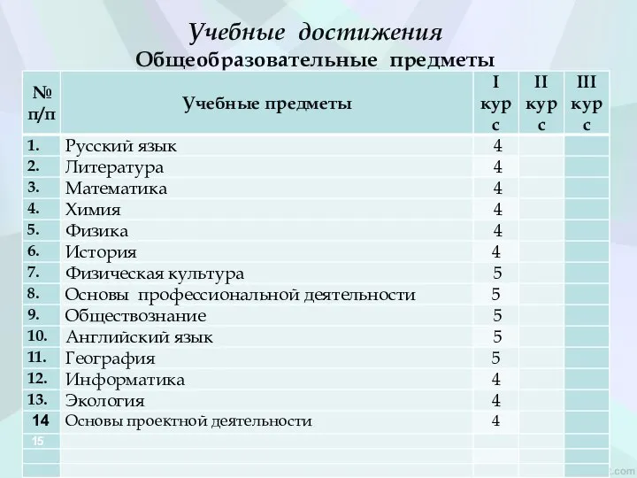 Учебные достижения Общеобразовательные предметы