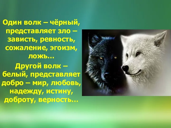 Один волк – чёрный, представляет зло – зависть, ревность, сожаление, эгоизм,
