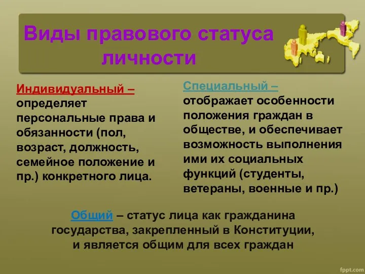 Общий – статус лица как гражданина государства, закрепленный в Конституции, и