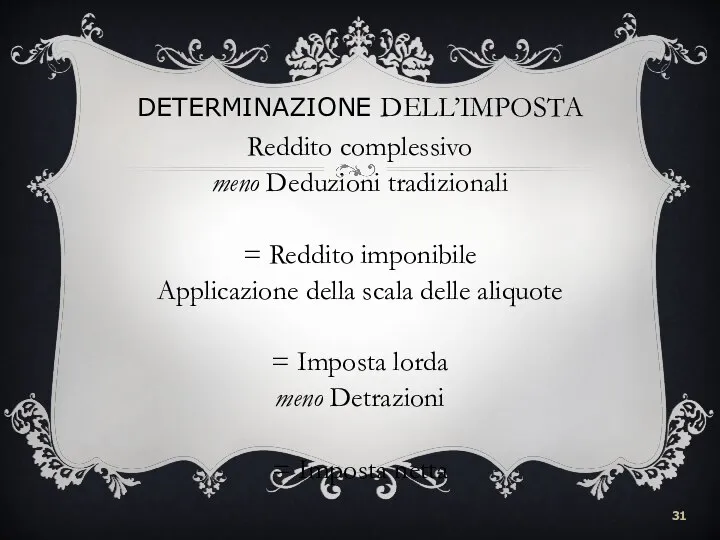 DETERMINAZIONE DELL’IMPOSTA Reddito complessivo meno Deduzioni tradizionali = Reddito imponibile Applicazione