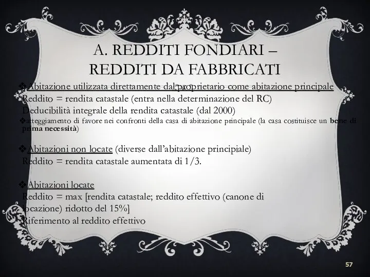 A. REDDITI FONDIARI – REDDITI DA FABBRICATI Abitazione utilizzata direttamente dal