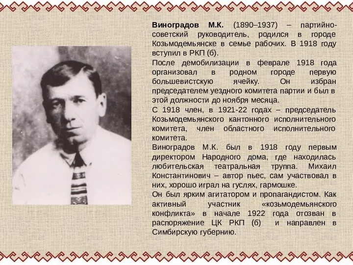 Виноградов М.К. (1890–1937) – партийно-советский руководитель, родился в городе Козьмодемьянске в