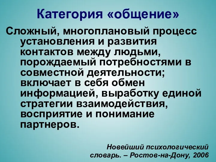 Категория «общение» Сложный, многоплановый процесс установления и развития контактов между людьми,