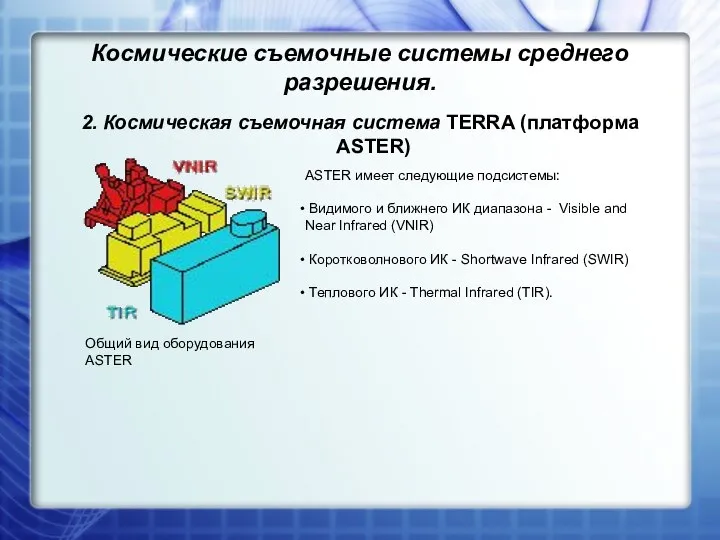 2. Космическая съемочная система TERRA (платформа ASTER) Космические съемочные системы среднего