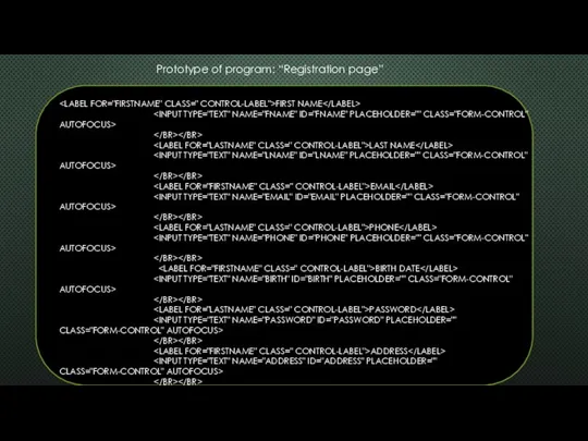 FIRST NAME LAST NAME EMAIL PHONE BIRTH DATE PASSWORD ADDRESS Prototype of program: “Registration page”