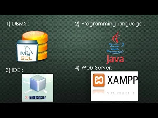 4) Web-Server: 3) IDE : 2) Programming language : 1) DBMS :