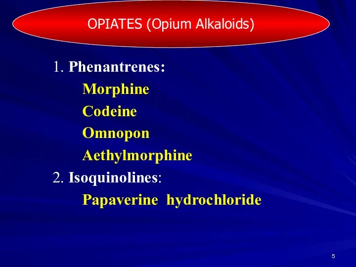 1. Phenantrenes: Morphine Codeine Omnopon Aethylmorphine 2. Isoquinolines: Papaverine hydrochloride OPIATES (Opium Alkaloids)