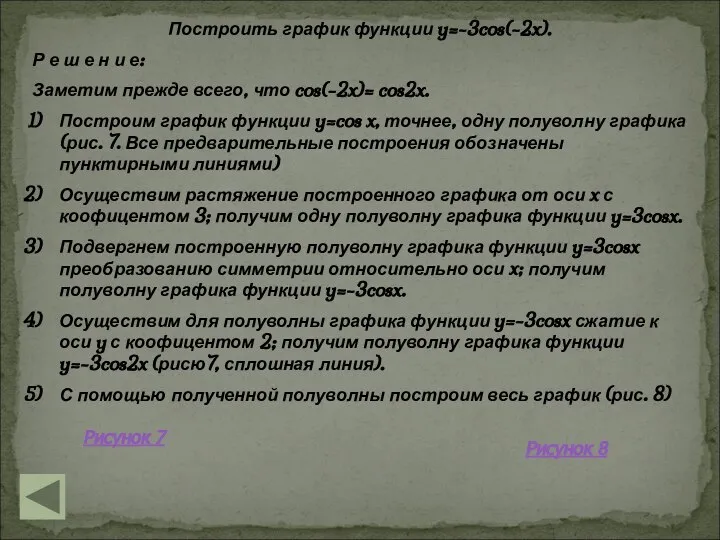 Построить график функции y=-3cos(-2x). Р е ш е н и е: