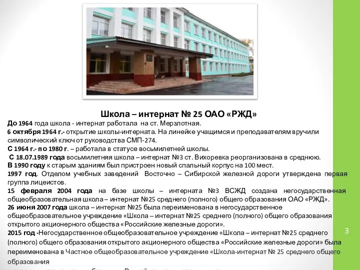 Школа – интернат № 25 ОАО «РЖД» До 1964 года школа