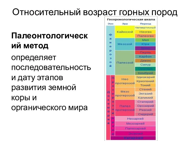 Относительный возраст горных пород Палеонтологический метод определяет последовательность и дату этапов