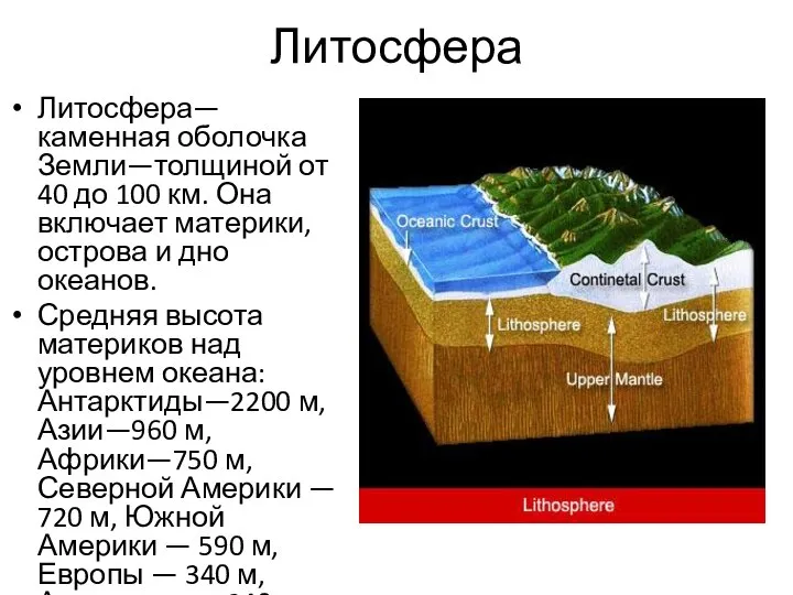 Литосфера Литосфера—каменная оболочка Земли—толщиной от 40 до 100 км. Она включает