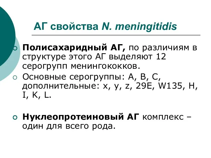 АГ свойства N. meningitidis Полисахаридный АГ, по различиям в структуре этого