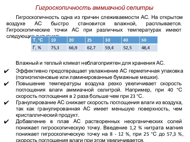 Гигроскопичность аммиачной селитры Гигроскопичность одна из причин слеживаемости АС. На открытом