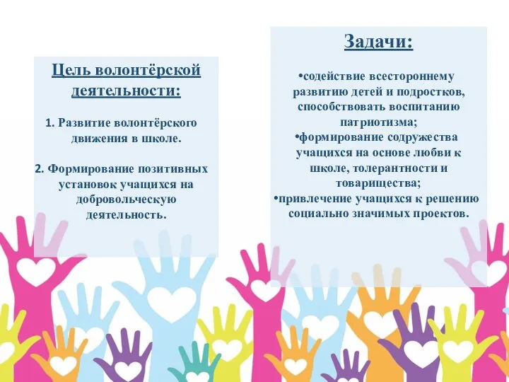 Задачи: содействие всестороннему развитию детей и подростков, способствовать воспитанию патриотизма; формирование