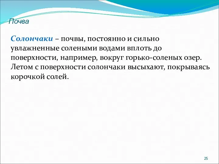 Почва Солончаки – почвы, постоянно и сильно увлажненные солеными водами вплоть