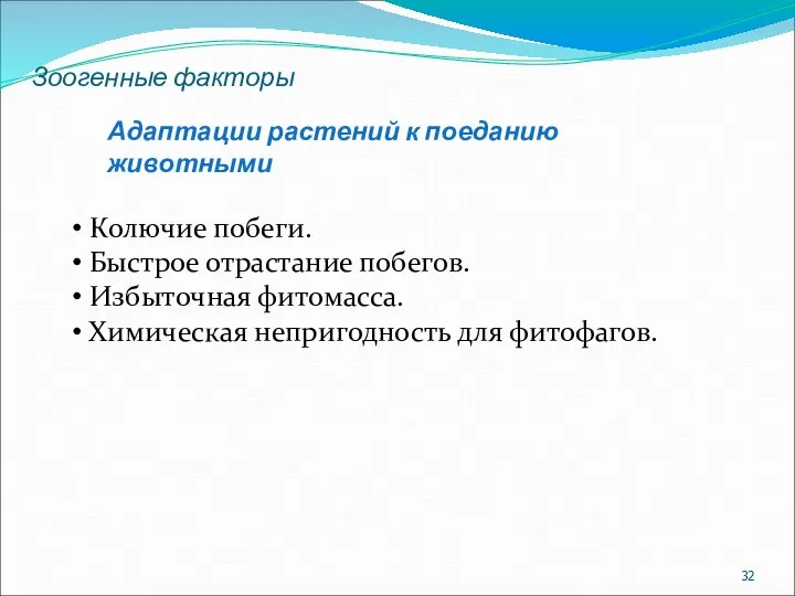 Зоогенные факторы Адаптации растений к поеданию животными Колючие побеги. Быстрое отрастание