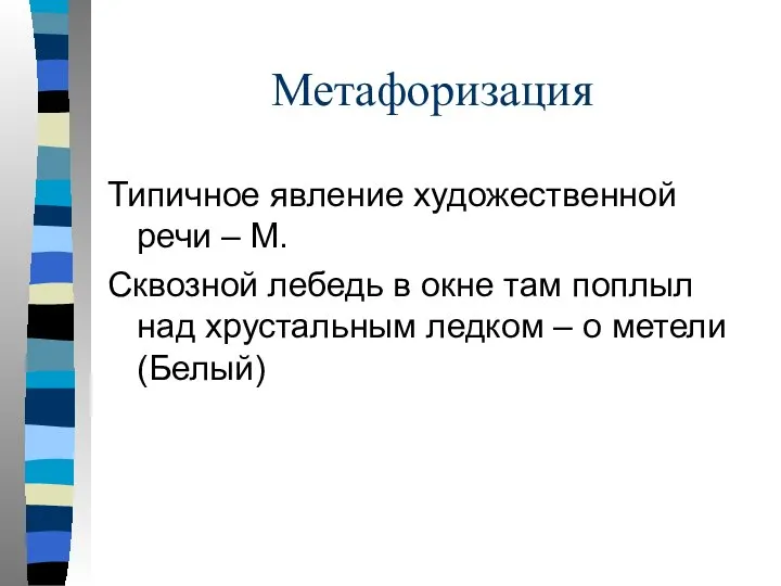 Метафоризация Типичное явление художественной речи – М. Сквозной лебедь в окне