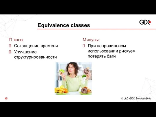 Equivalence classes Плюсы: Сокращение времени Улучшение структурированности Минусы: При неправильном использовании рискуем потерять баги