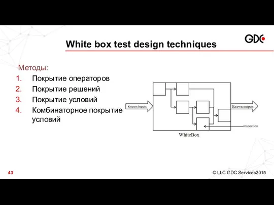 White box test design techniques Методы: Покрытие операторов Покрытие решений Покрытие условий Комбинаторное покрытие условий