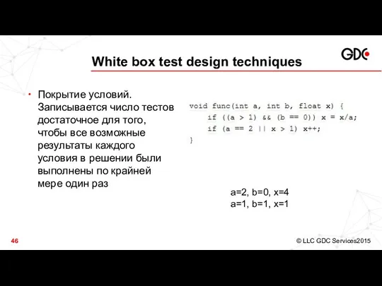 White box test design techniques Покрытие условий. Записывается число тестов достаточное