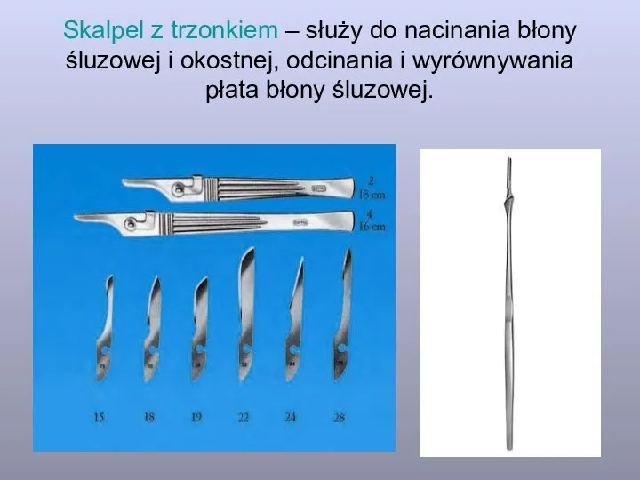 Skalpel z trzonkiem – służy do nacinania błony śluzowej i okostnej,