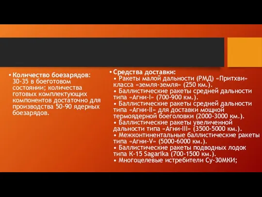 Количество боезарядов: 30-35 в боеготовом состоянии; количества готовых комплектующих компонентов достаточно