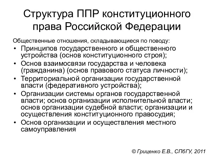Структура ППР конституционного права Российской Федерации Общественные отношения, складывающиеся по поводу: