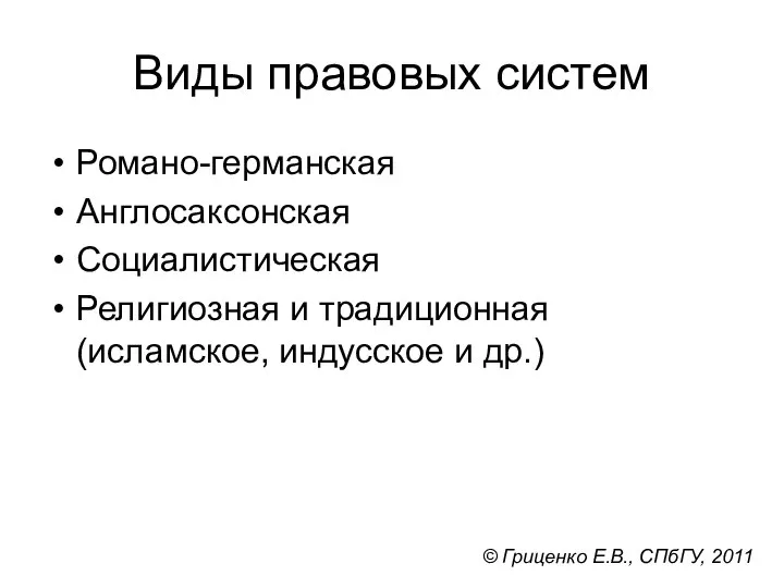 Виды правовых систем Романо-германская Англосаксонская Социалистическая Религиозная и традиционная (исламское, индусское