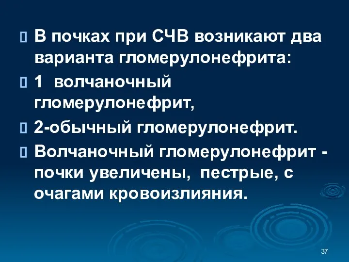 В почках при СЧВ возникают два варианта гломерулонефрита: 1 волчаночный гломерулонефрит,