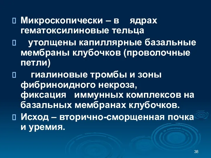 Микроскопически – в ядрах гематоксилиновые тельца утолщены капиллярные базальные мембраны клубочков