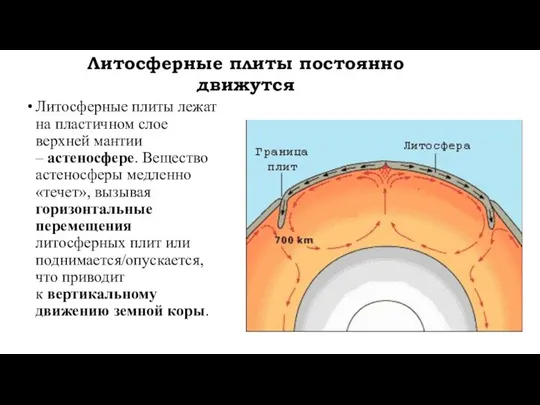 Литосферные плиты лежат на пластичном слое верхней мантии – астеносфере. Вещество