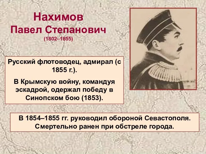 Нахимов Павел Степанович (1802–1855) Русский флотоводец, адмирал (с 1855 г.). В