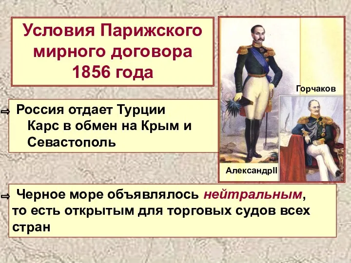 Условия Парижского мирного договора 1856 года Россия отдает Турции Карс в