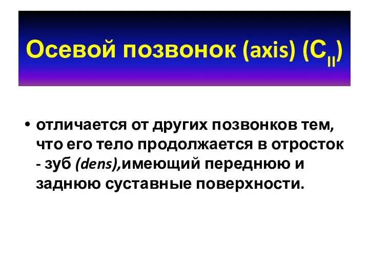 Осевой позвонок (axis) (СII) отличается от других позвонков тем, что его