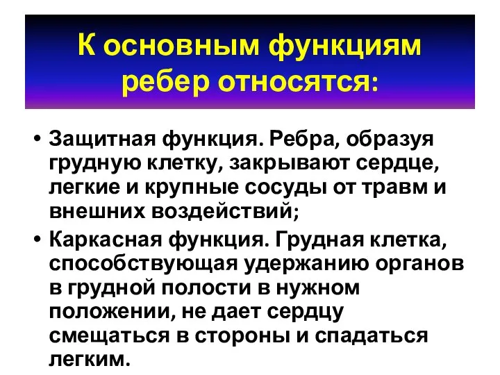 К основным функциям ребер относятся: Защитная функция. Ребра, образуя грудную клетку,