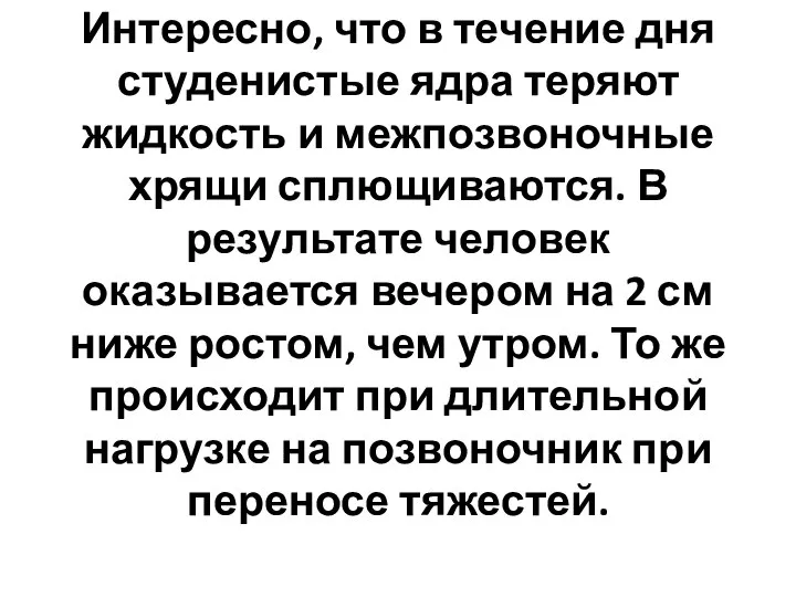 Интересно, что в течение дня студенистые ядра теряют жидкость и межпозвоночные