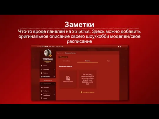 Заметки Что-то вроде панелей на StripChat. Здесь можно добавить оригинальное описание своего шоу/хобби моделей/свое расписание