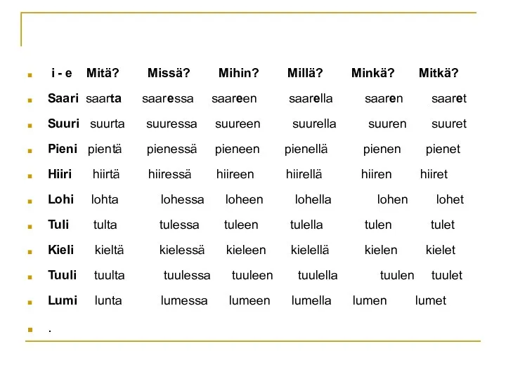 i - e Mitä? Missä? Mihin? Millä? Minkä? Mitkä? Saari saarta